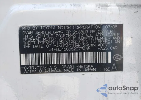 2008 Lexus Es 350 from USA, damaged, VIN JTHBJ46G082273455